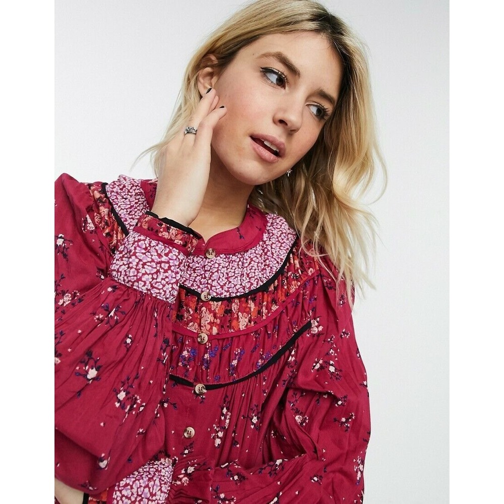 NWT Free People Paloma Floral Button Peasant Top Berry Combo Small Cottagecore - Picture 7 of 13